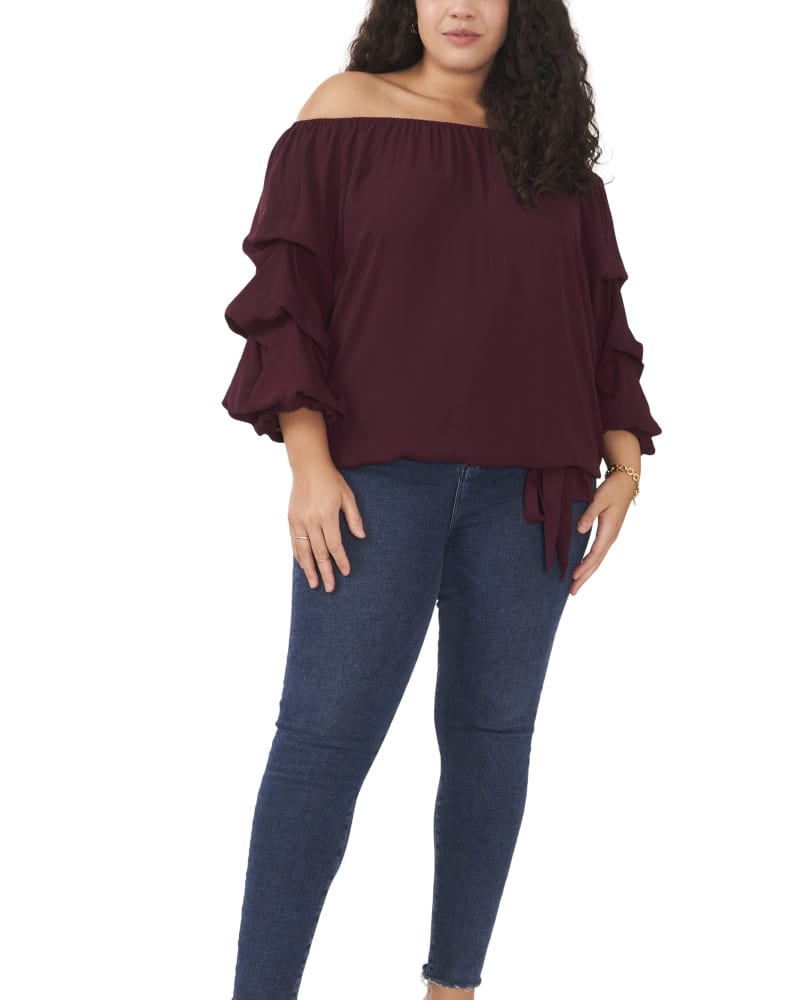 Front of a model wearing a size 1X Linda Off The Shoulder Blouse in CRISP MERLOT by Vince Camuto. | dia_product_style_image_id:261740